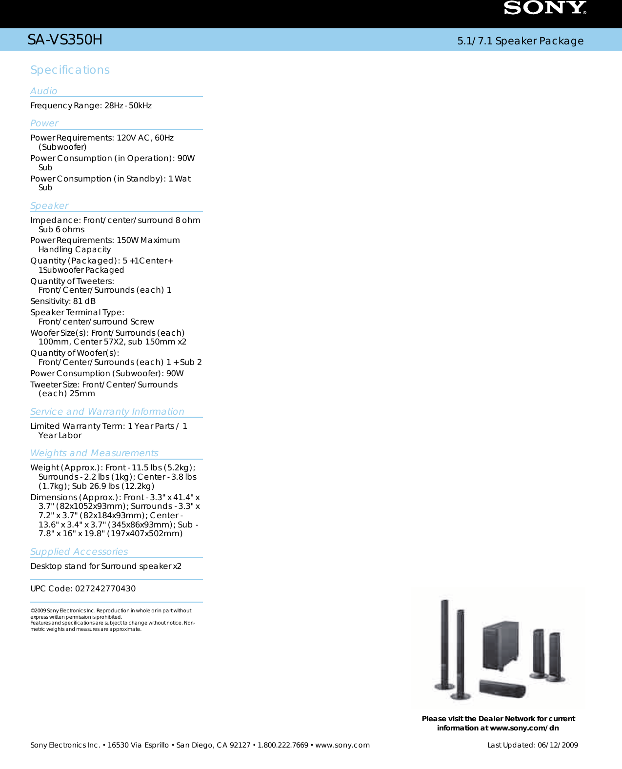 Page 2 of 2 - Sony SA-VS350H User Manual Marketing Specifications SAVS350H Mksp