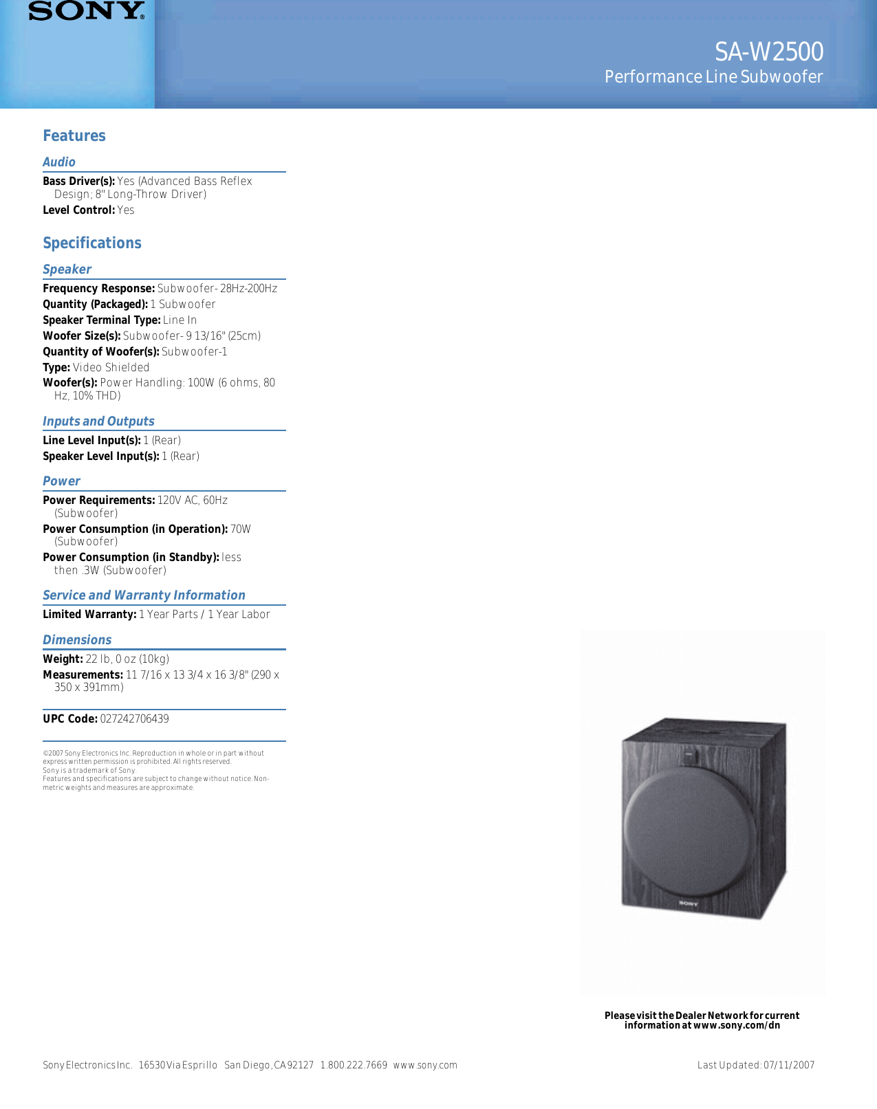 Page 2 of 2 - Sony SA-W2500 User Manual Marketing Specifications SAW2500 Mksp