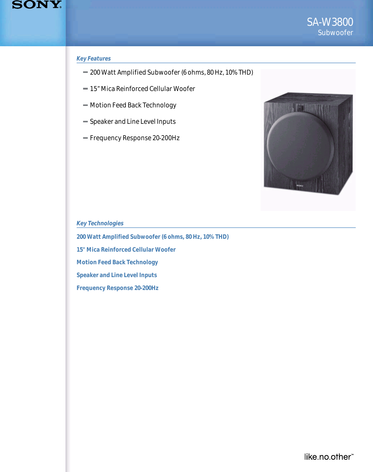 Page 1 of 2 - Sony SA-W3800 User Manual Marketing Specifications SAW3800 Mksp