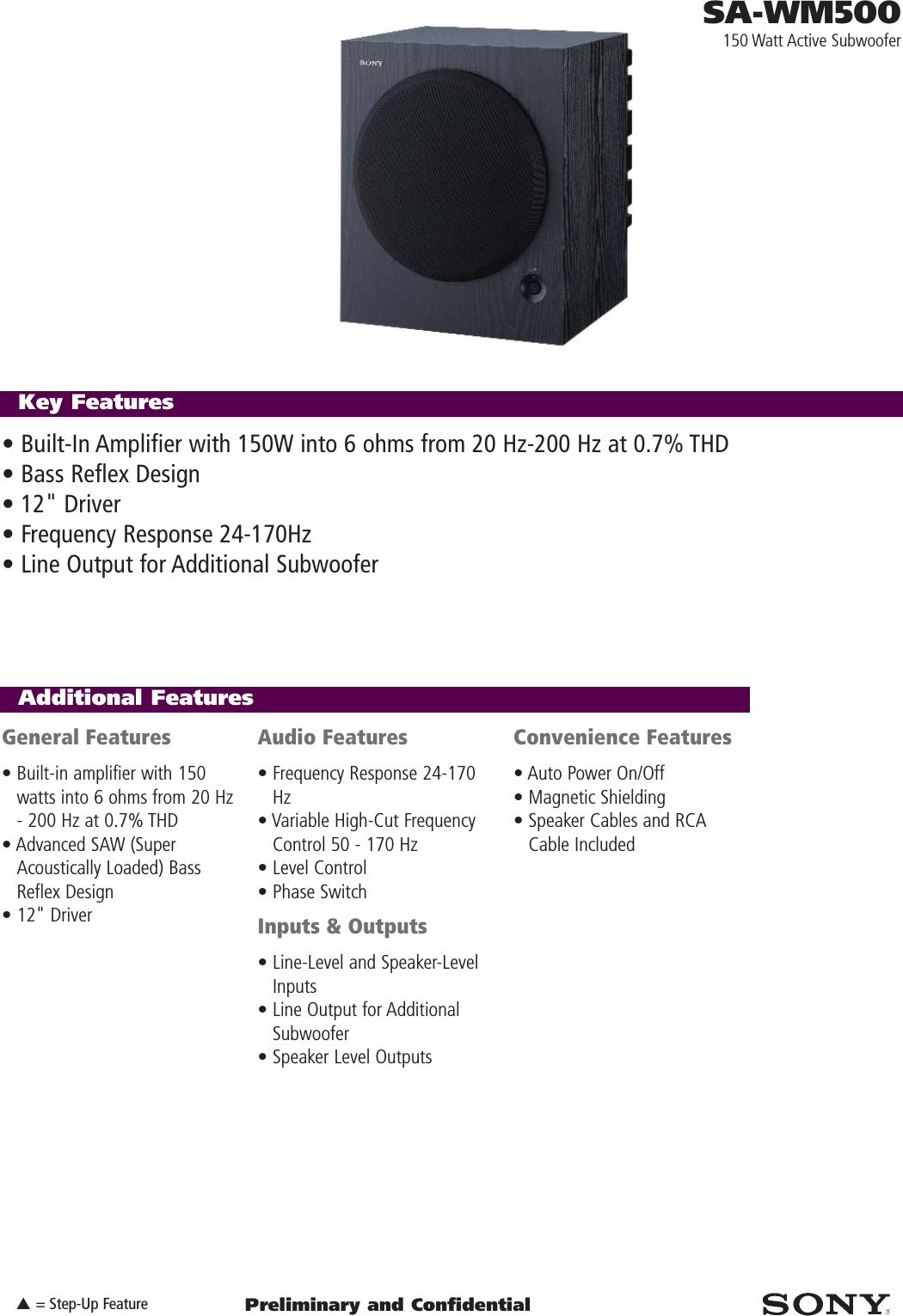 Page 1 of 2 - Sony SA-WM500 Speakers User Manual Marketing Specifications SAWM500 Sp