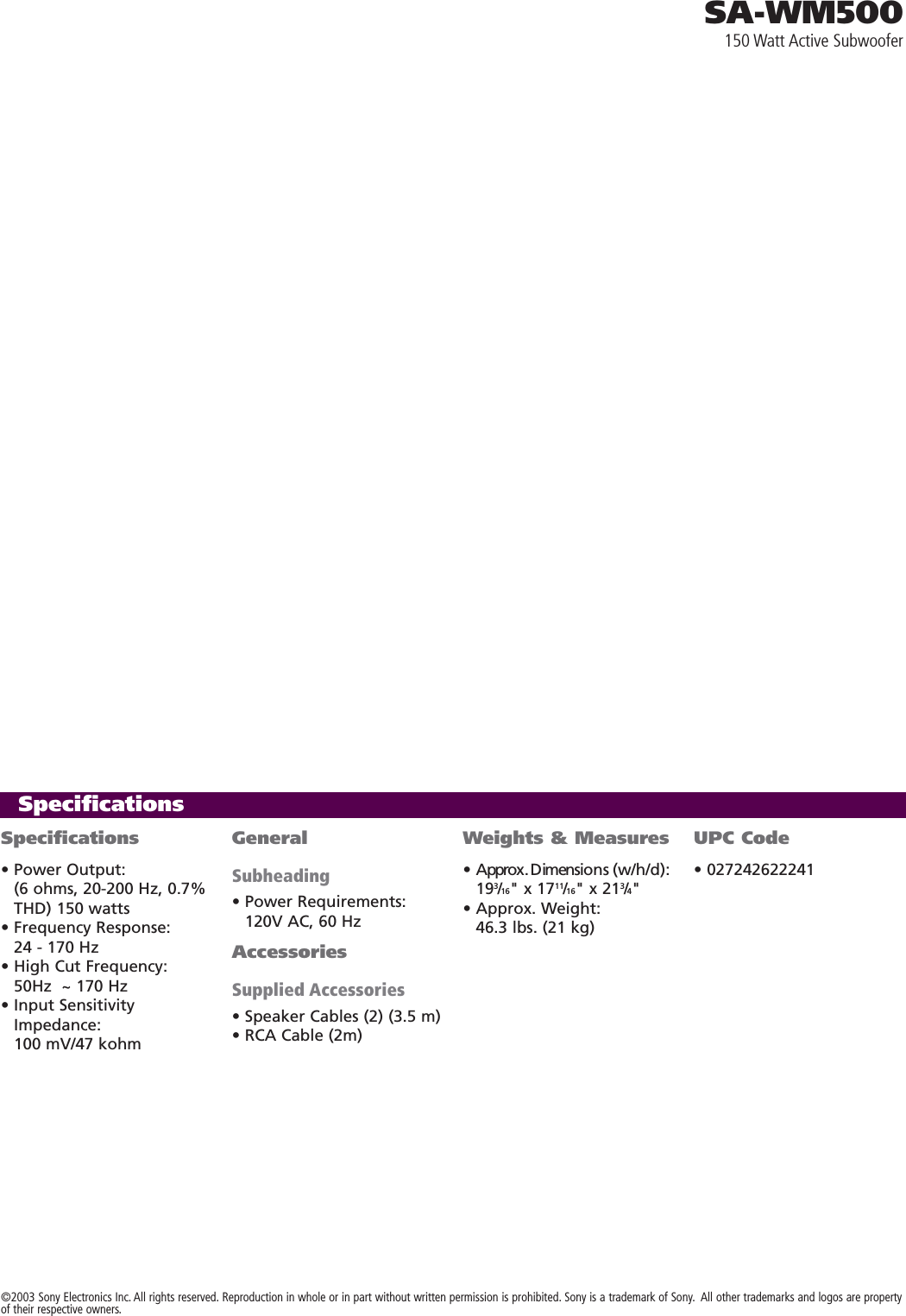 Page 2 of 2 - Sony SA-WM500 Speakers User Manual Marketing Specifications SAWM500 Sp