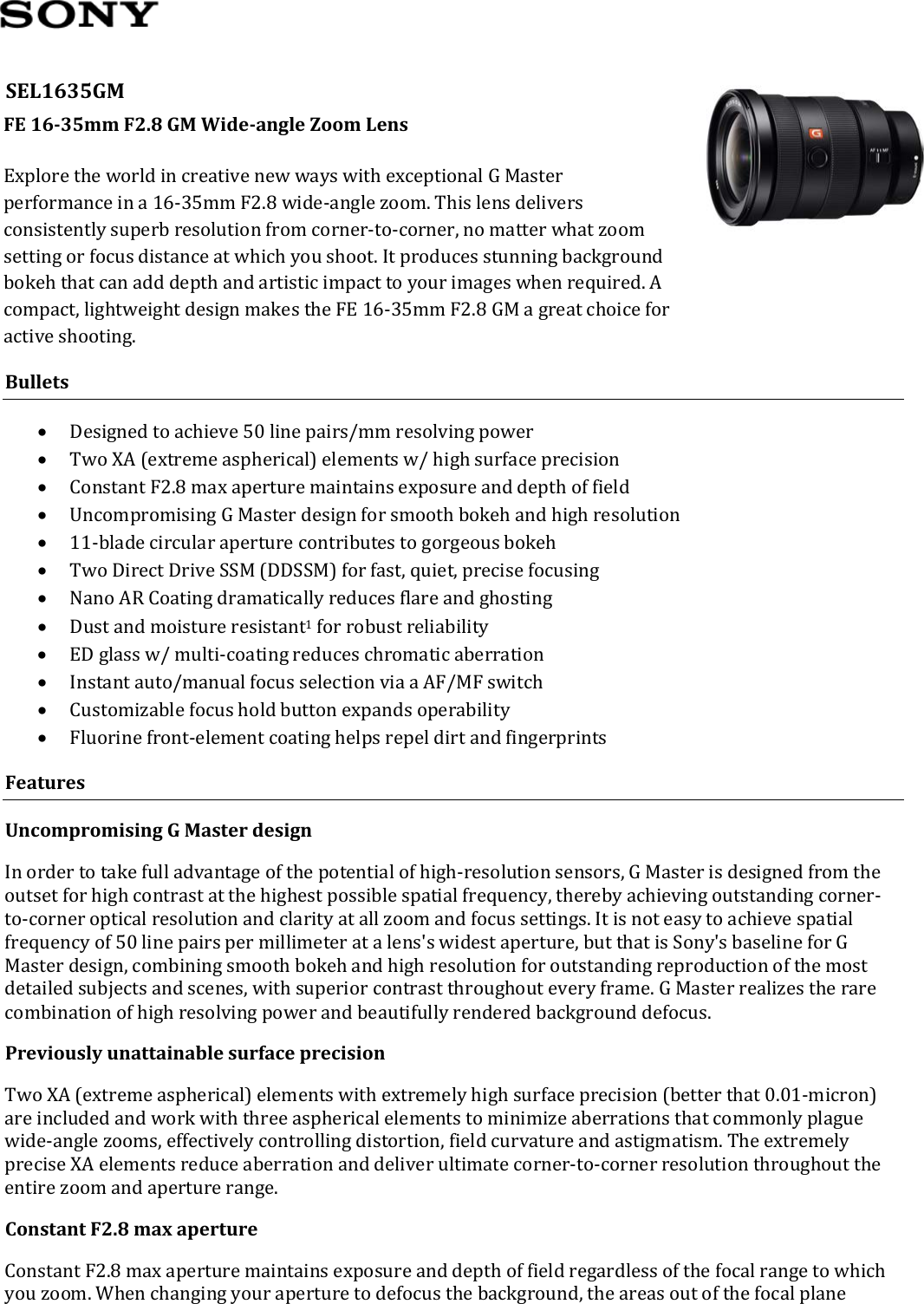Page 1 of 3 - Sony SEL-1635GM User Manual Marketing Specifications SEL1635GM Mksp