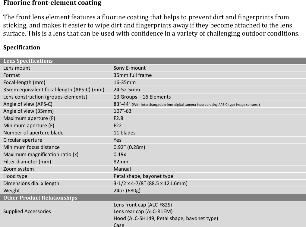 Page 3 of 3 - Sony SEL-1635GM User Manual Marketing Specifications SEL1635GM Mksp