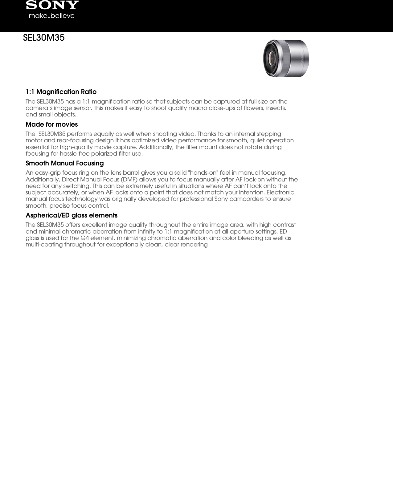 Page 1 of 2 - Sony SEL-30M35 User Manual Marketing Specifications SEL30M35 Mksp