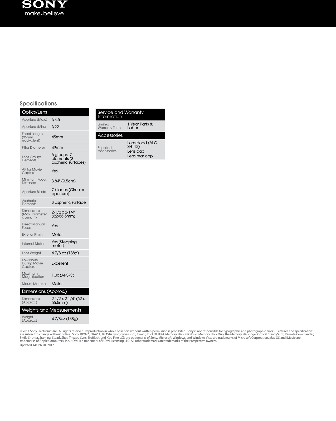 Page 2 of 2 - Sony SEL-30M35 User Manual Marketing Specifications SEL30M35 Mksp