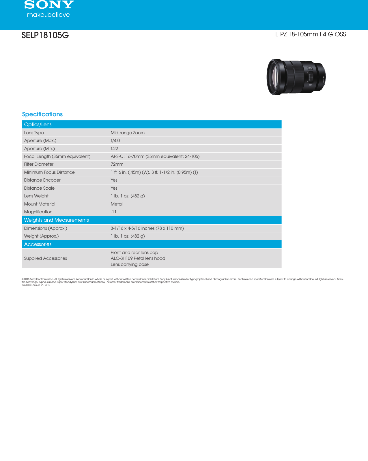 Page 1 of 1 - Sony SELP18105G User Manual Marketing Specifications Mksp