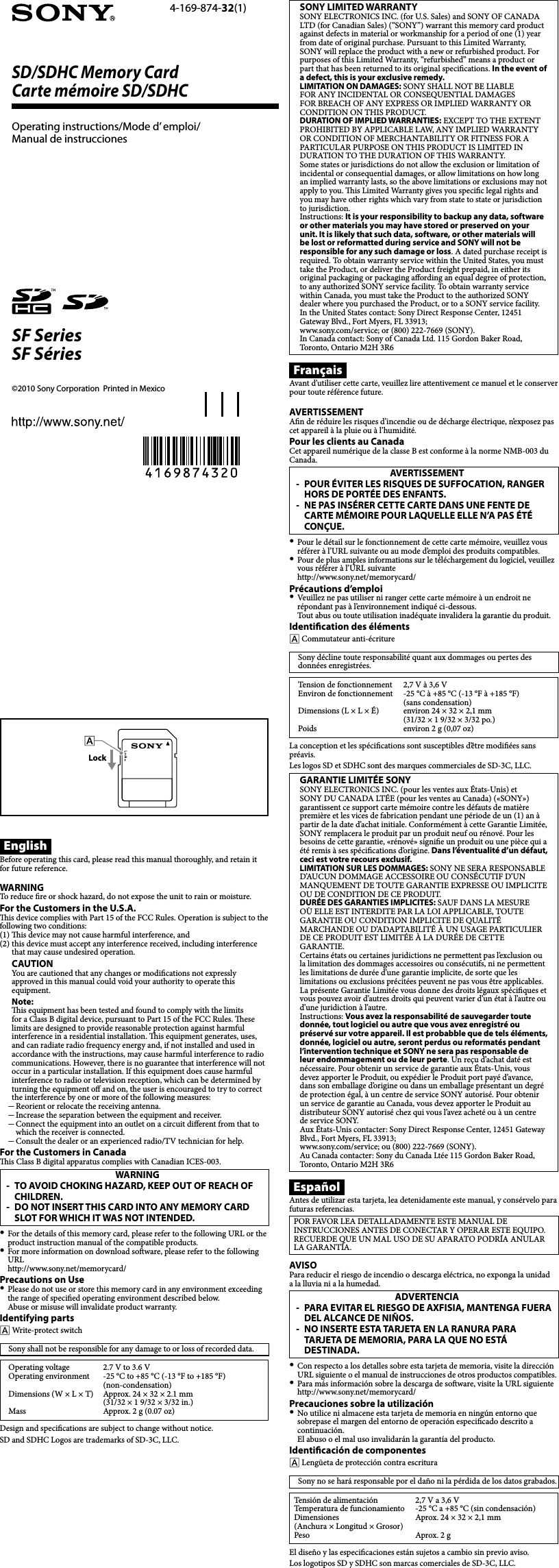 Sony Sf G128 User Manual Operating Instructions