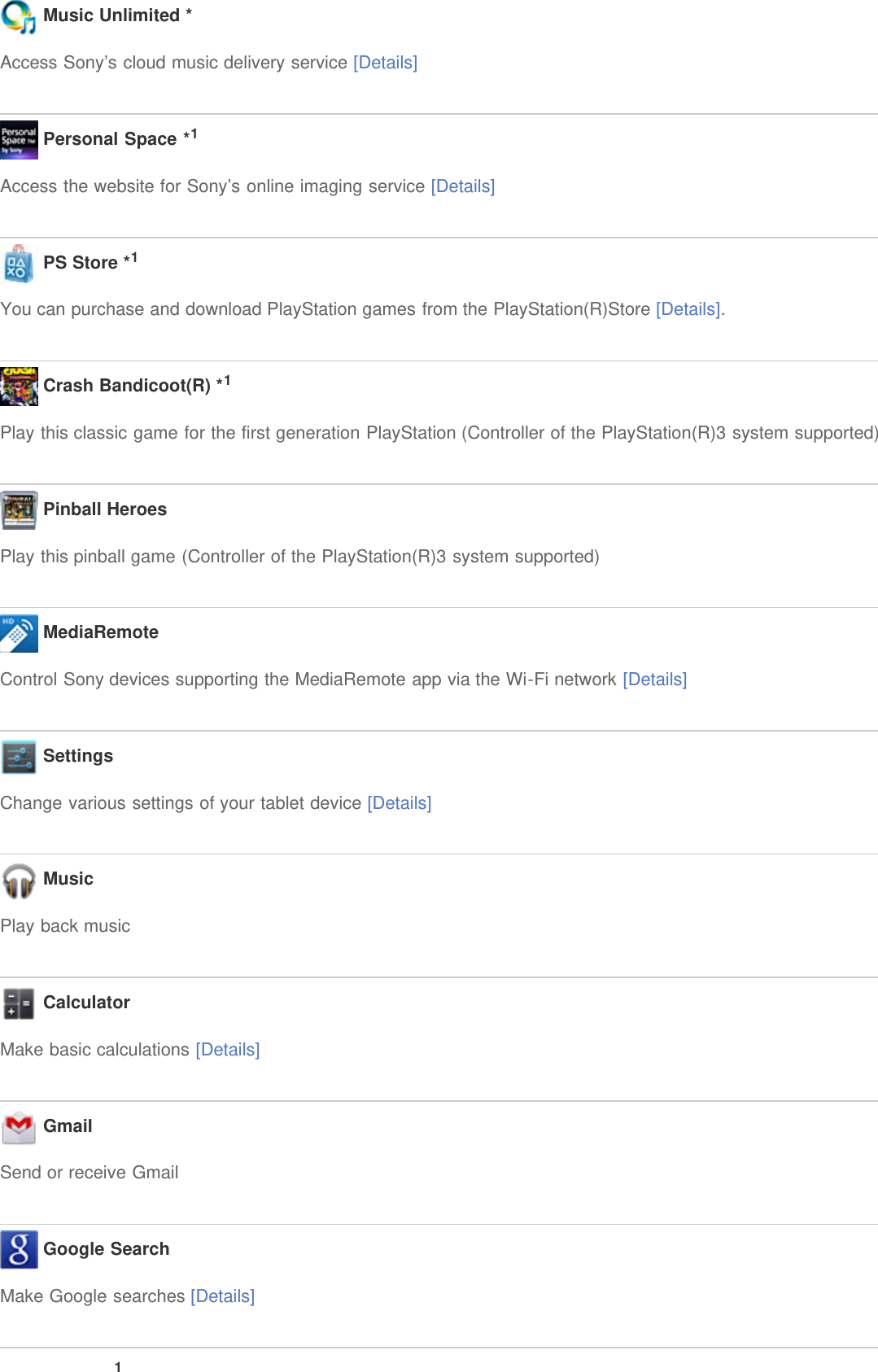  Music Unlimited *Access Sony&rsquo;s cloud music delivery service [Details] Personal Space *1Access the website for Sony&rsquo;s online imaging service [Details] PS Store *1You can purchase and download PlayStation games from the PlayStation(R)Store [Details]. Crash Bandicoot(R) *1Play this classic game for the first generation PlayStation (Controller of the PlayStation(R)3 system supported) Pinball HeroesPlay this pinball game (Controller of the PlayStation(R)3 system supported) MediaRemoteControl Sony devices supporting the MediaRemote app via the Wi-Fi network [Details] SettingsChange various settings of your tablet device [Details] MusicPlay back music CalculatorMake basic calculations [Details] GmailSend or receive Gmail Google SearchMake Google searches [Details]1