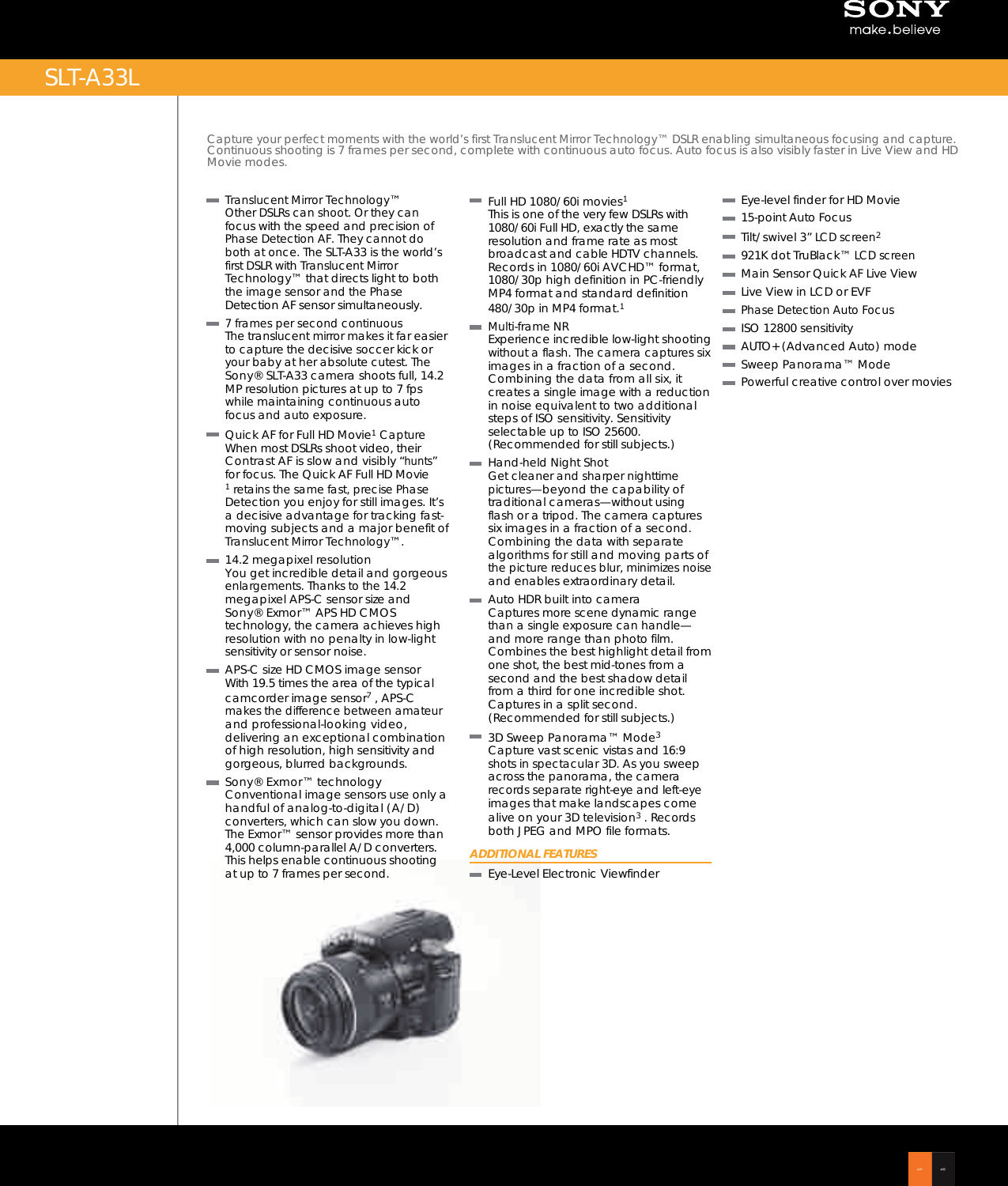 Page 1 of 2 - Sony SLT-A33 User Manual Marketing Specifications (SLT-A33L) SLTA33L Mksp