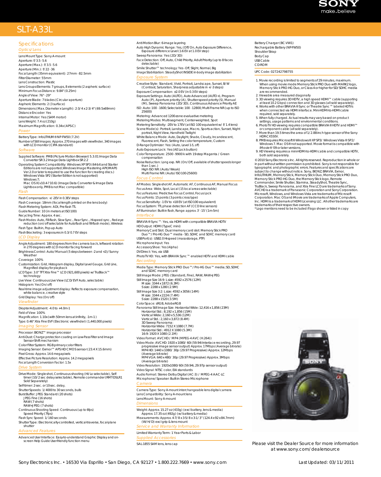Page 2 of 2 - Sony SLT-A33 User Manual Marketing Specifications (SLT-A33L) SLTA33L Mksp