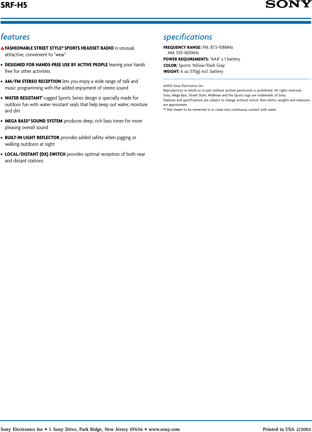 Page 2 of 2 - Sony SRF-H5 SON 907; User Manual Marketing Specifications SRFH5 Sp