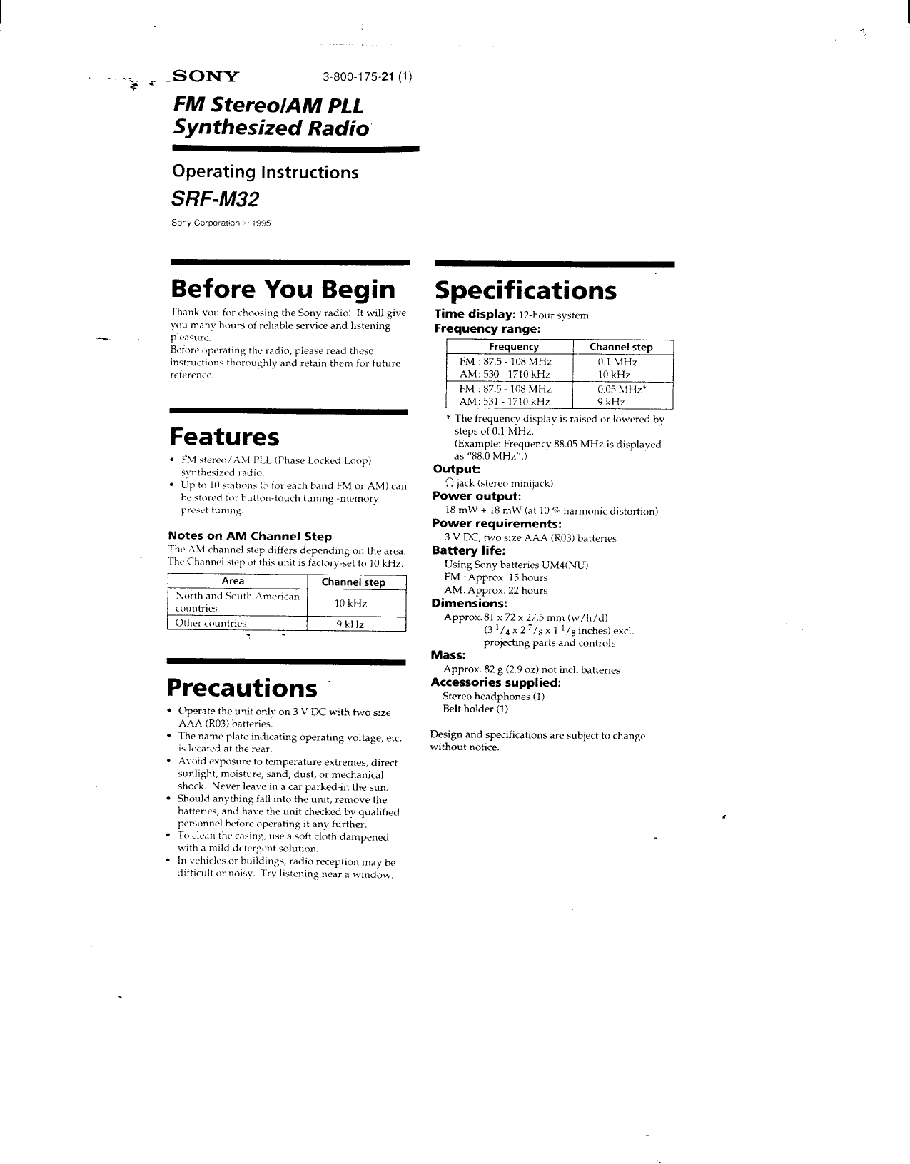 Page 1 of 6 - Sony SRF-M32 User Manual Operating Instructions (primary Manual) SRFM32