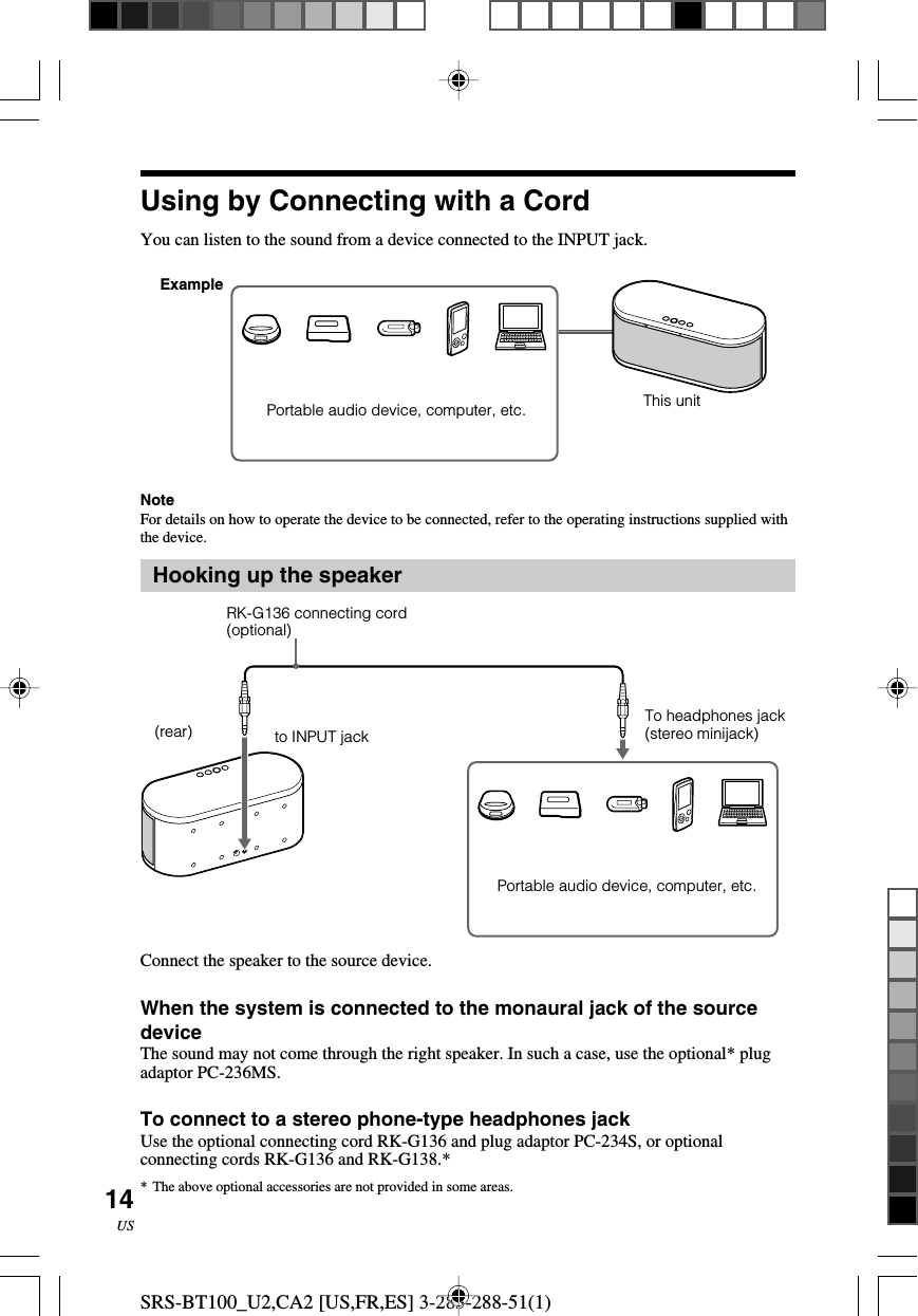 SRS-BT100_U2,CA2 [US,FR,ES] 3-283-288-51(1)14USUsing by Connecting with a CordYou can listen to the sound from a device connected to the INPUT jack.NoteFor details on how to operate the device to be connected, refer to the operating instructions supplied withthe device.Hooking up the speakerConnect the speaker to the source device.When the system is connected to the monaural jack of the sourcedeviceThe sound may not come through the right speaker. In such a case, use the optional* plugadaptor PC-236MS.To connect to a stereo phone-type headphones jackUse the optional connecting cord RK-G136 and plug adaptor PC-234S, or optionalconnecting cords RK-G136 and RK-G138.**The above optional accessories are not provided in some areas.ExamplePortable audio device, computer, etc. This unitto INPUT jack(rear) To headphones jack(stereo minijack)RK-G136 connecting cord(optional)Portable audio device, computer, etc.