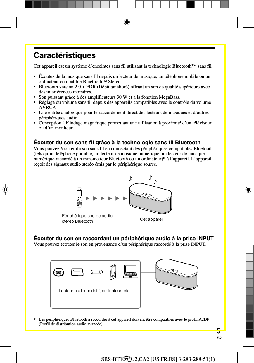 SRS-BT100_U2,CA2 [US,FR,ES] 3-283-288-51(1)5FRCaract&eacute;ristiquesCet appareil est un syst&egrave;me d&rsquo;enceintes sans fil utilisant la technologie Bluetooth&trade; sans fil.&bull; &Eacute;coutez de la musique sans fil depuis un lecteur de musique, un t&eacute;l&eacute;phone mobile ou unordinateur compatible Bluetooth&trade; St&eacute;r&eacute;o.&bull; Bluetooth version 2.0 + EDR (D&eacute;bit am&eacute;lior&eacute;) offrant un son de qualit&eacute; sup&eacute;rieure avecdes interf&eacute;rences moindres.&bull;Son puissant gr&acirc;ce &agrave; des amplificateurs 30 W et &agrave; la fonction MegaBass.&bull;R&eacute;glage du volume sans fil depuis des appareils compatibles avec le contr&ocirc;le du volumeAVRCP.&bull;Une entr&eacute;e analogique pour le raccordement direct des lecteurs de musiques et d&rsquo;autresp&eacute;riph&eacute;riques audio.&bull;Conception &agrave; blindage magn&eacute;tique permettant une utilisation &agrave; proximit&eacute; d&rsquo;un t&eacute;l&eacute;viseurou d&rsquo;un moniteur.&Eacute;couter du son sans fil gr&acirc;ce &agrave; la technologie sans fil BluetoothVous pouvez &eacute;couter du son sans fil en connectant des p&eacute;riph&eacute;riques compatibles Bluetooth(tels qu&rsquo;un t&eacute;l&eacute;phone portable, un lecteur de musique num&eacute;rique, un lecteur de musiquenum&eacute;rique raccord&eacute; &agrave; un transmetteur Bluetooth ou un ordinateur)* &agrave; l&rsquo;appareil. L&rsquo;appareilre&ccedil;oit des signaux audio st&eacute;r&eacute;o &eacute;mis par le p&eacute;riph&eacute;rique source.&Eacute;couter du son en raccordant un p&eacute;riph&eacute;rique audio &agrave; la prise INPUTVous pouvez &eacute;couter le son en provenance d&rsquo;un p&eacute;riph&eacute;rique raccord&eacute; &agrave; la prise INPUT.Cet appareilP&eacute;riph&eacute;rique source audiost&eacute;r&eacute;o BluetoothLecteur audio portatif, ordinateur, etc.*Les p&eacute;riph&eacute;riques Bluetooth &agrave; raccorder &agrave; cet appareil doivent &ecirc;tre compatibles avec le profil A2DP(Profil de distribution audio avanc&eacute;e).