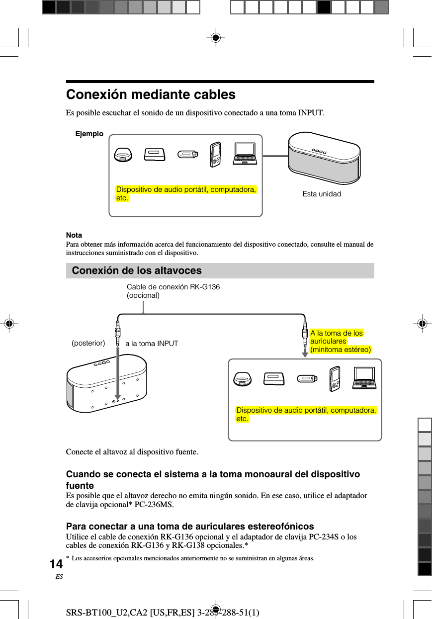 SRS-BT100_U2,CA2 [US,FR,ES] 3-283-288-51(1)14ESConexi&oacute;n mediante cablesEs posible escuchar el sonido de un dispositivo conectado a una toma INPUT.NotaPara obtener m&aacute;s informaci&oacute;n acerca del funcionamiento del dispositivo conectado, consulte el manual deinstrucciones suministrado con el dispositivo.Conexi&oacute;n de los altavocesConecte el altavoz al dispositivo fuente.Cuando se conecta el sistema a la toma monoaural del dispositivofuenteEs posible que el altavoz derecho no emita ning&uacute;n sonido. En ese caso, utilice el adaptadorde clavija opcional* PC-236MS.Para conectar a una toma de auriculares estereof&oacute;nicosUtilice el cable de conexi&oacute;n RK-G136 opcional y el adaptador de clavija PC-234S o loscables de conexi&oacute;n RK-G136 y RK-G138 opcionales.**Los accesorios opcionales mencionados anteriormente no se suministran en algunas &aacute;reas.EjemploDispositivo de audio port&aacute;til, computadora,etc. Esta unidada la toma INPUT(posterior)A la toma de losauriculares(minitoma est&eacute;reo)Cable de conexi&oacute;n RK-G136(opcional)Dispositivo de audio port&aacute;til, computadora,etc.