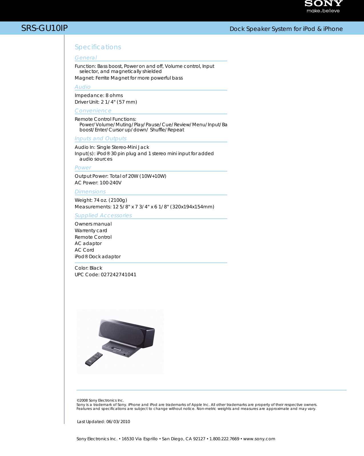 Page 1 of 1 - Sony SRS-GU10iP User Manual Marketing Specifications SRSGU101P Mksp