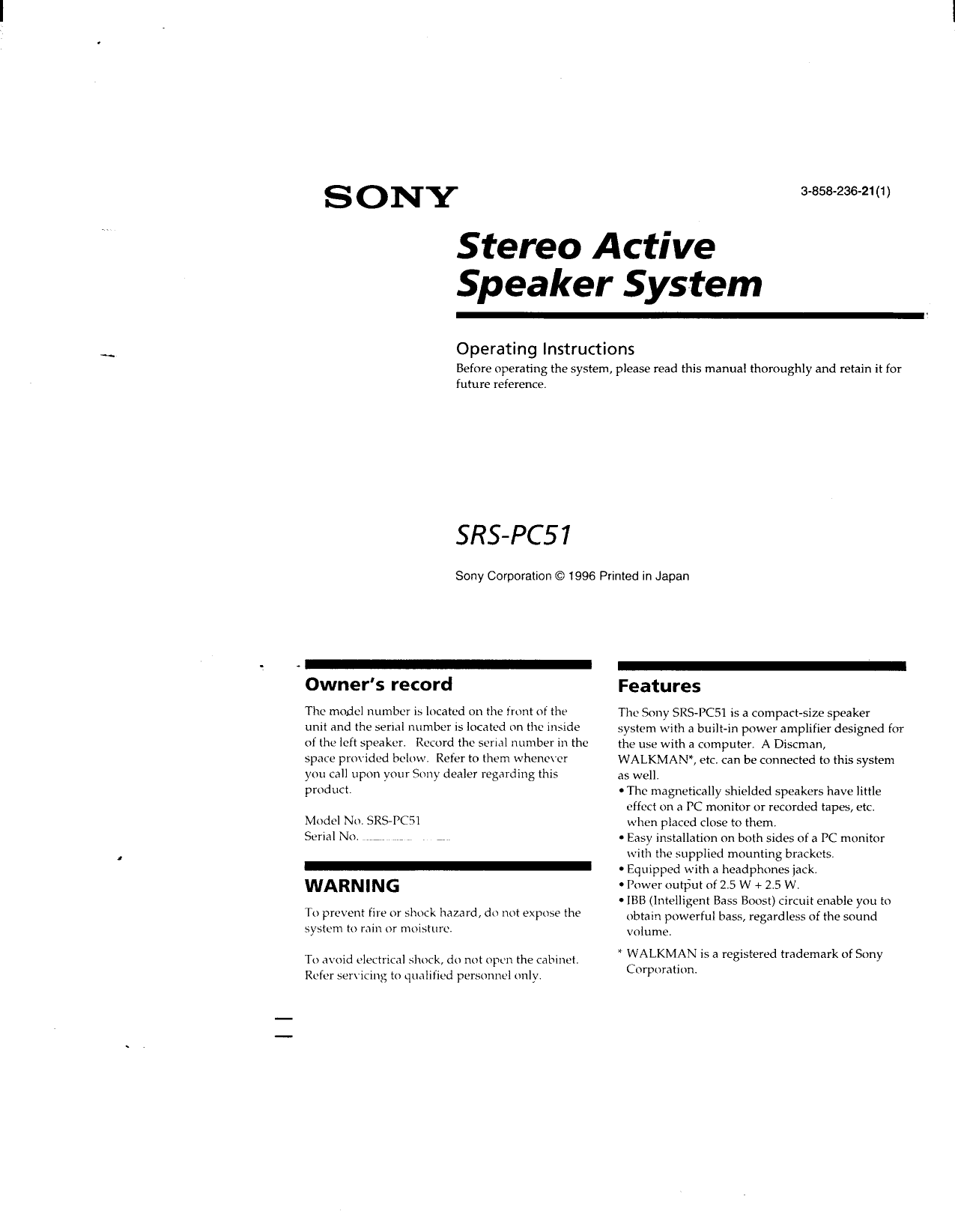 Page 1 of 6 - Sony SRS-PC51 User Manual Operating Instructions SRSPC51