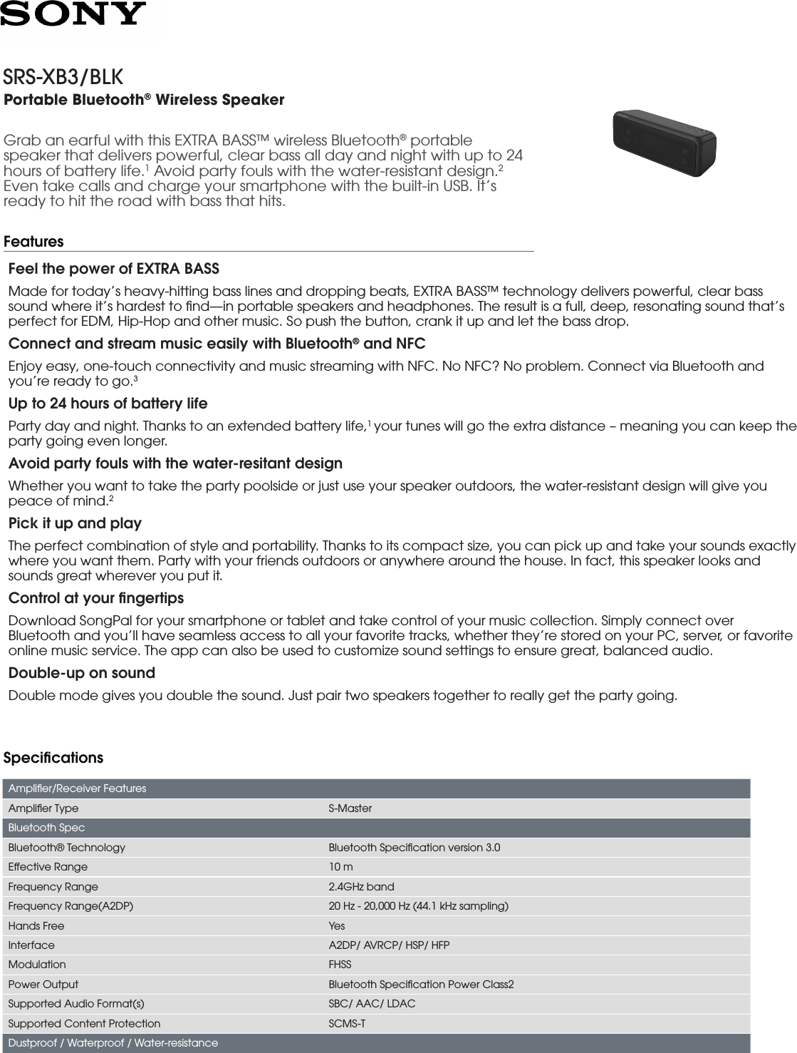 Sony Srs Xb3 User Manual Marketing Specifications Black Srsxb3 Mksp