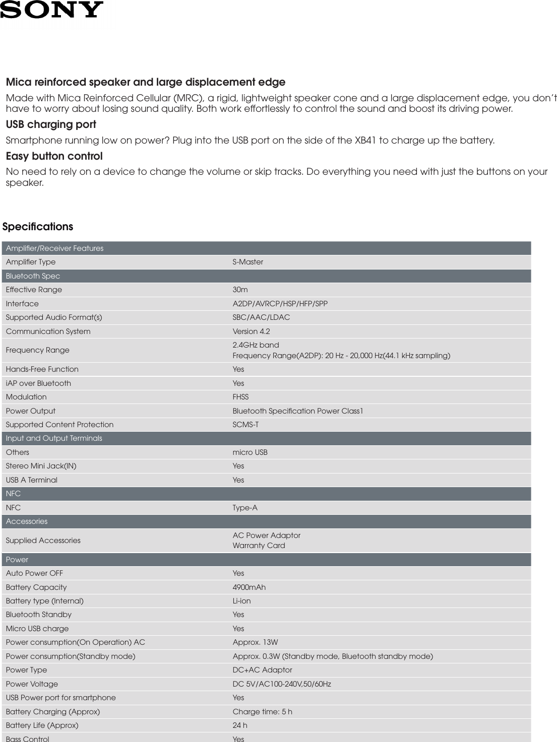 Page 2 of 3 - Sony SRS-XB41 User Manual Marketing Specifications (Blue ) Docget