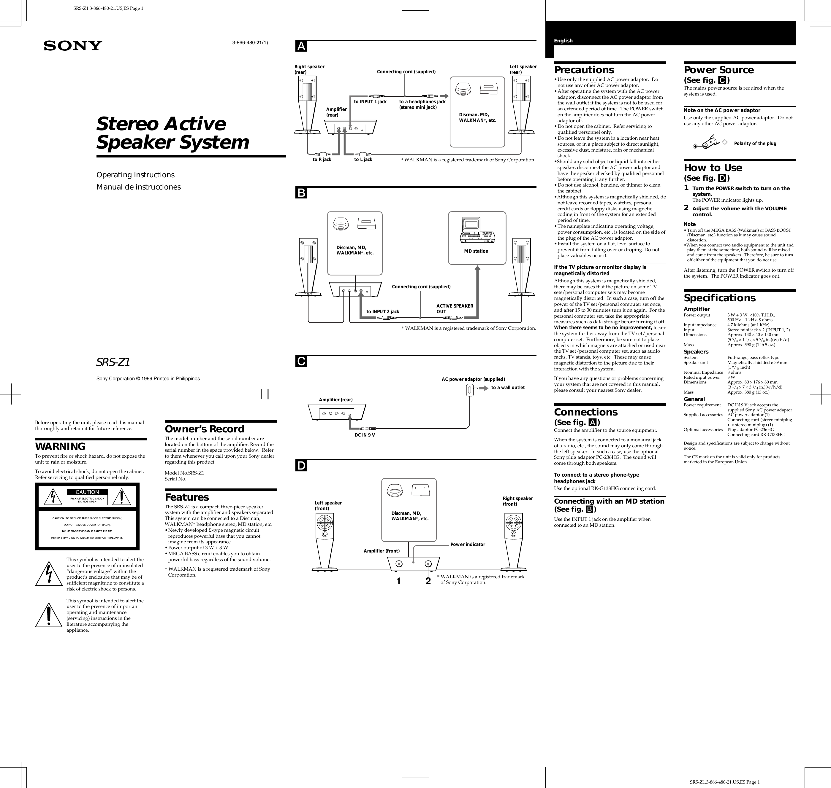 Page 1 of 2 - Sony SRS-Z1 1/01-02_SRSZ1.21UsEs User Manual Operating Instructions SRSZ1