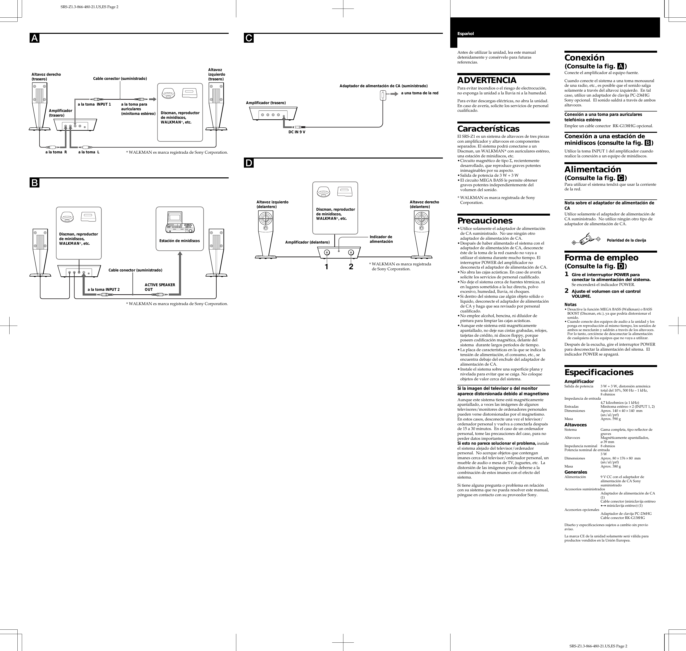 Page 2 of 2 - Sony SRS-Z1 1/01-02_SRSZ1.21UsEs User Manual Operating Instructions SRSZ1