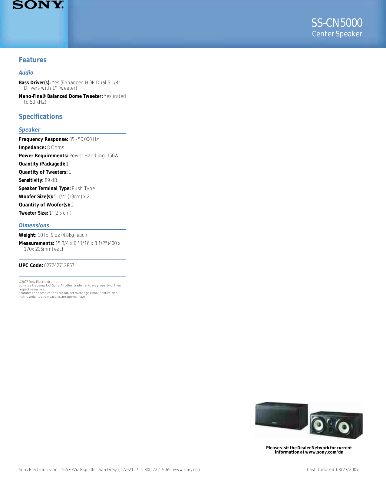 Page 2 of 2 - Sony SS-CN5000P User Manual Specifications (SS-CN5000) SSCN5000 SPEC