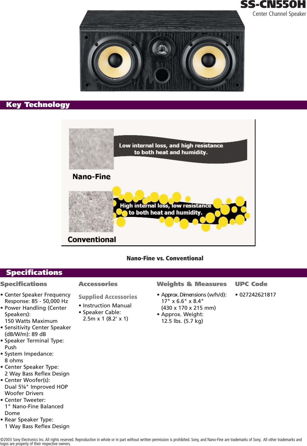 Page 2 of 2 - Sony SS-CN550H Speakers User Manual Marketing Specifications SSCN550H Sp