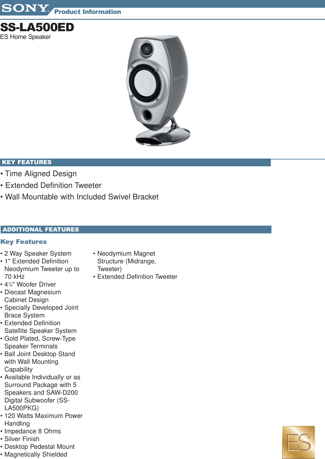 Page 1 of 2 - Sony SS-LA500ED Speakers_Info_Sheets_2 User Manual Marketing Specifications Ssla500ed Mksp