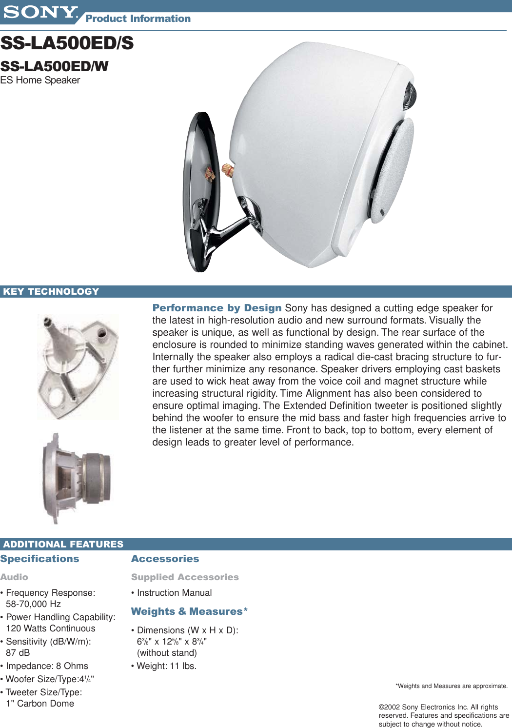 Page 2 of 2 - Sony SS-LA500ED Speakers_Info_Sheets_2 User Manual Marketing Specifications Ssla500ed Mksp