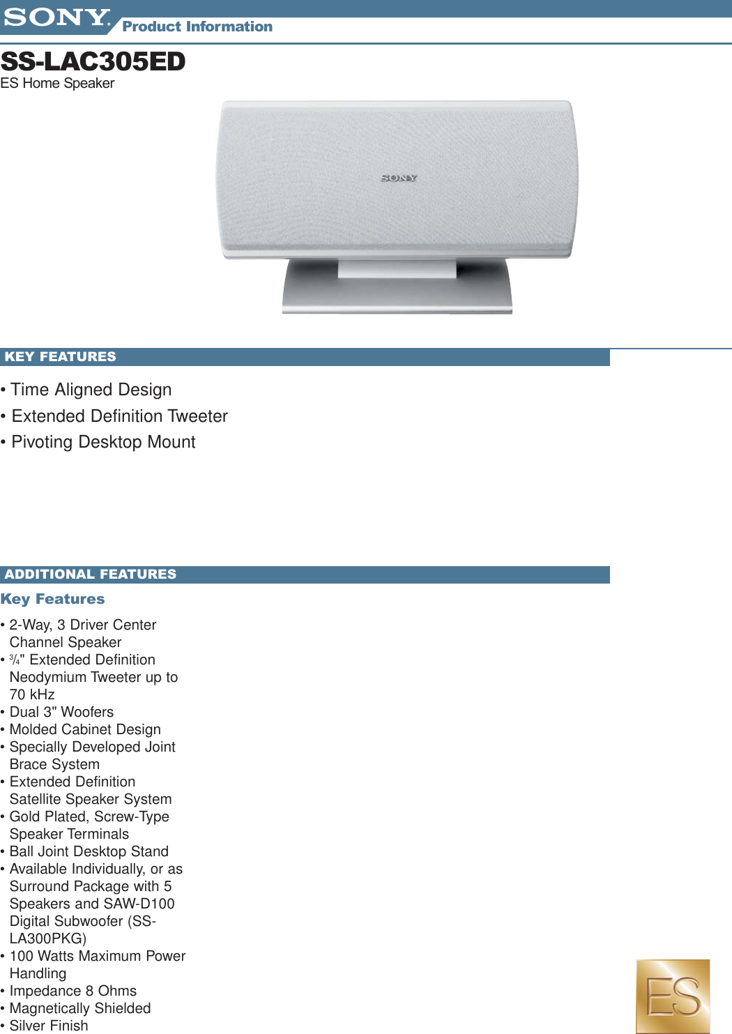 Page 1 of 2 - Sony SS-LAC305ED Speakers_Info_Sheets_1 User Manual Market Specifications SSLAC305ED Sp