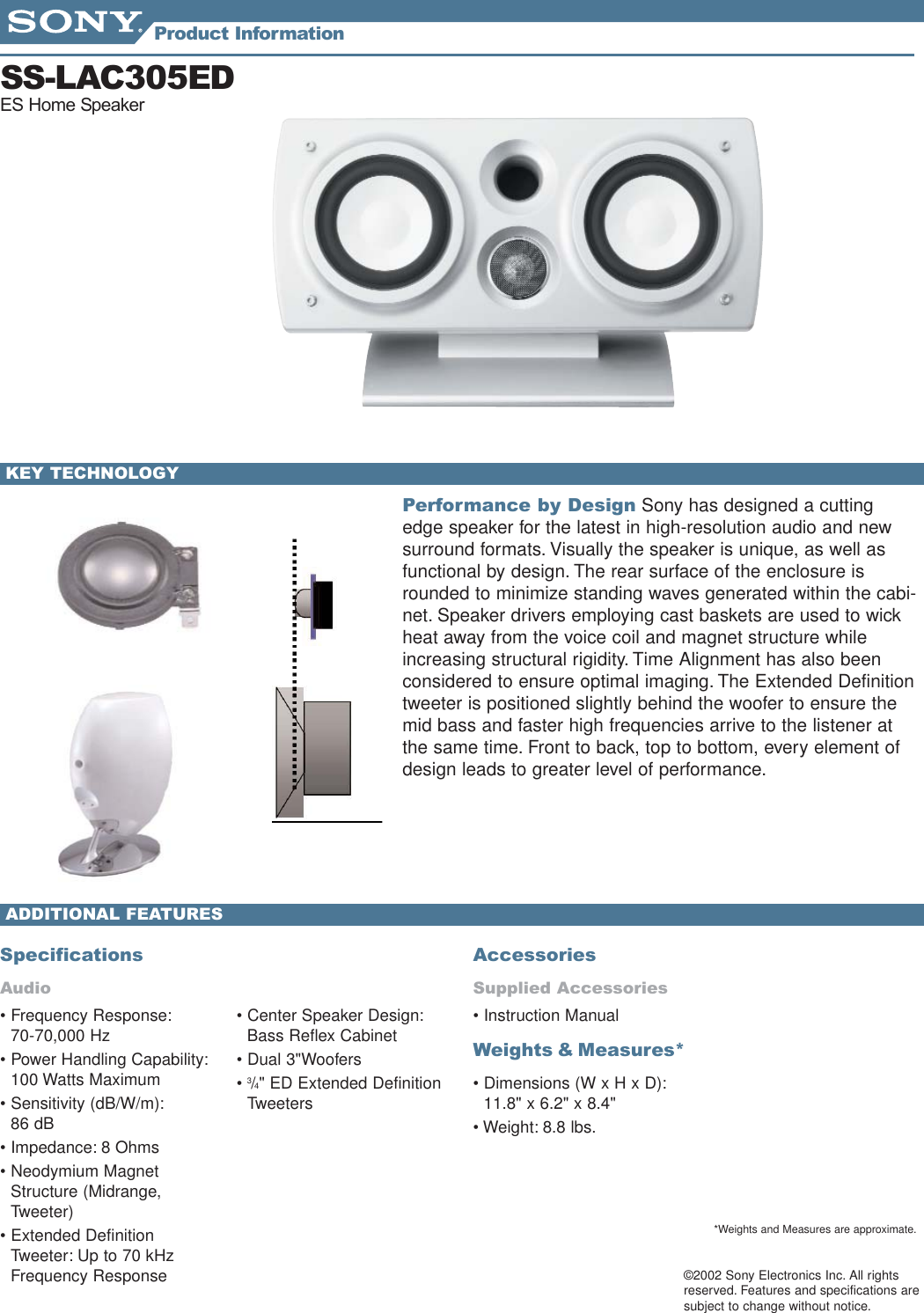 Page 2 of 2 - Sony SS-LAC305ED Speakers_Info_Sheets_1 User Manual Market Specifications SSLAC305ED Sp