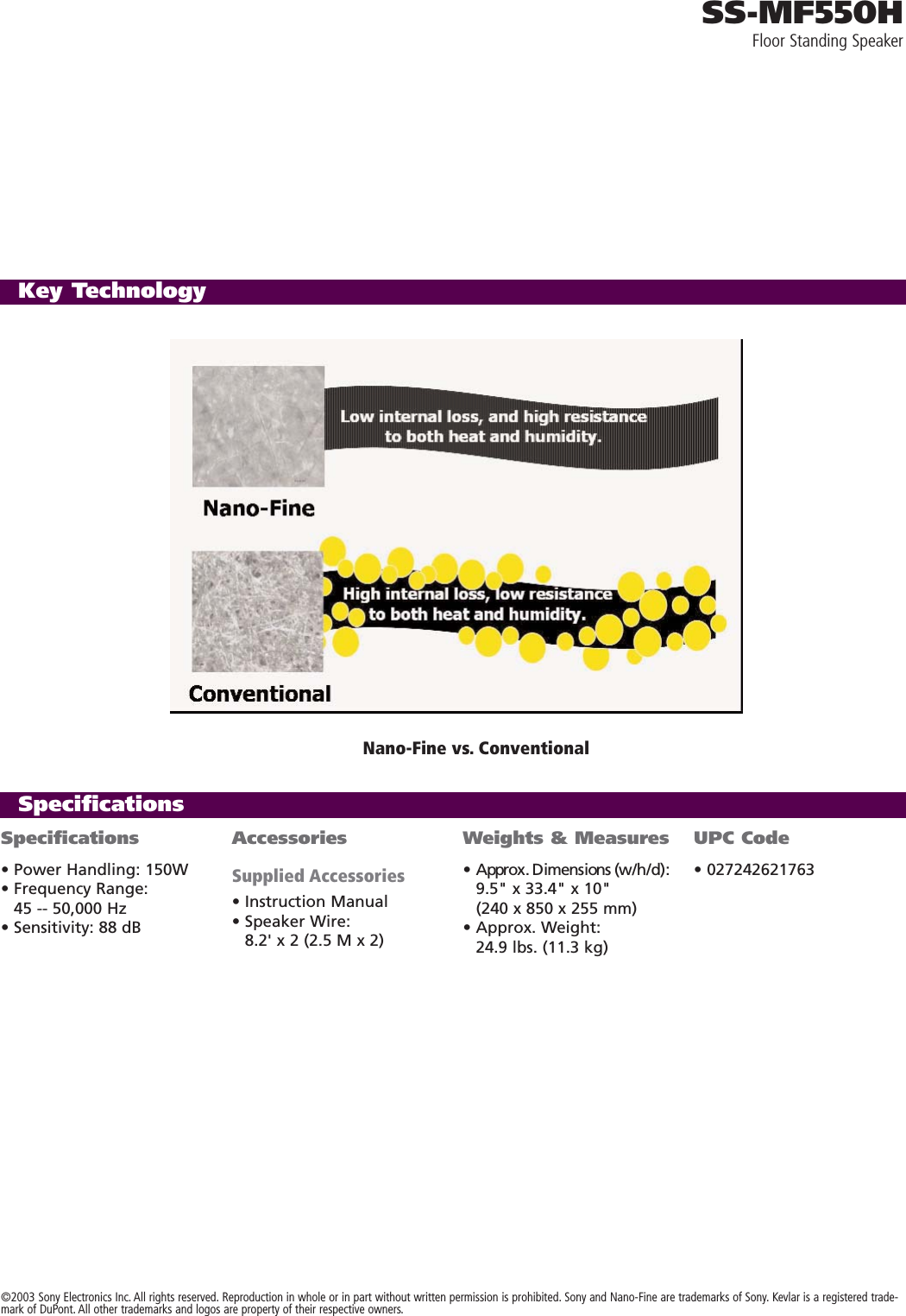 Page 2 of 2 - Sony SS-MF550H Speakers User Manual Marketing Specifications SSMF550H Sp