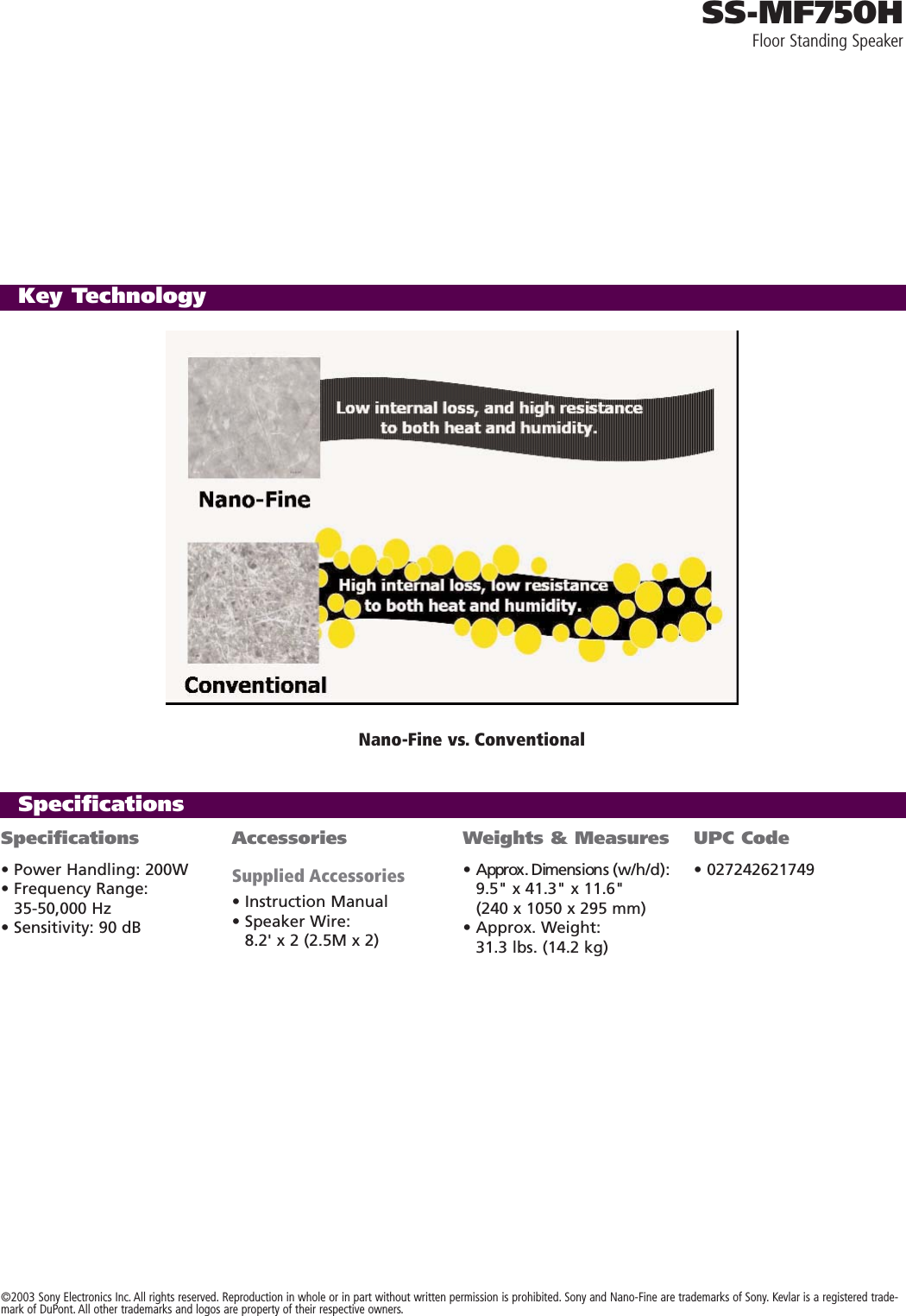 Page 2 of 2 - Sony SS-MF750H Speakers User Manual Marketing Specifications SSMF750H Sp