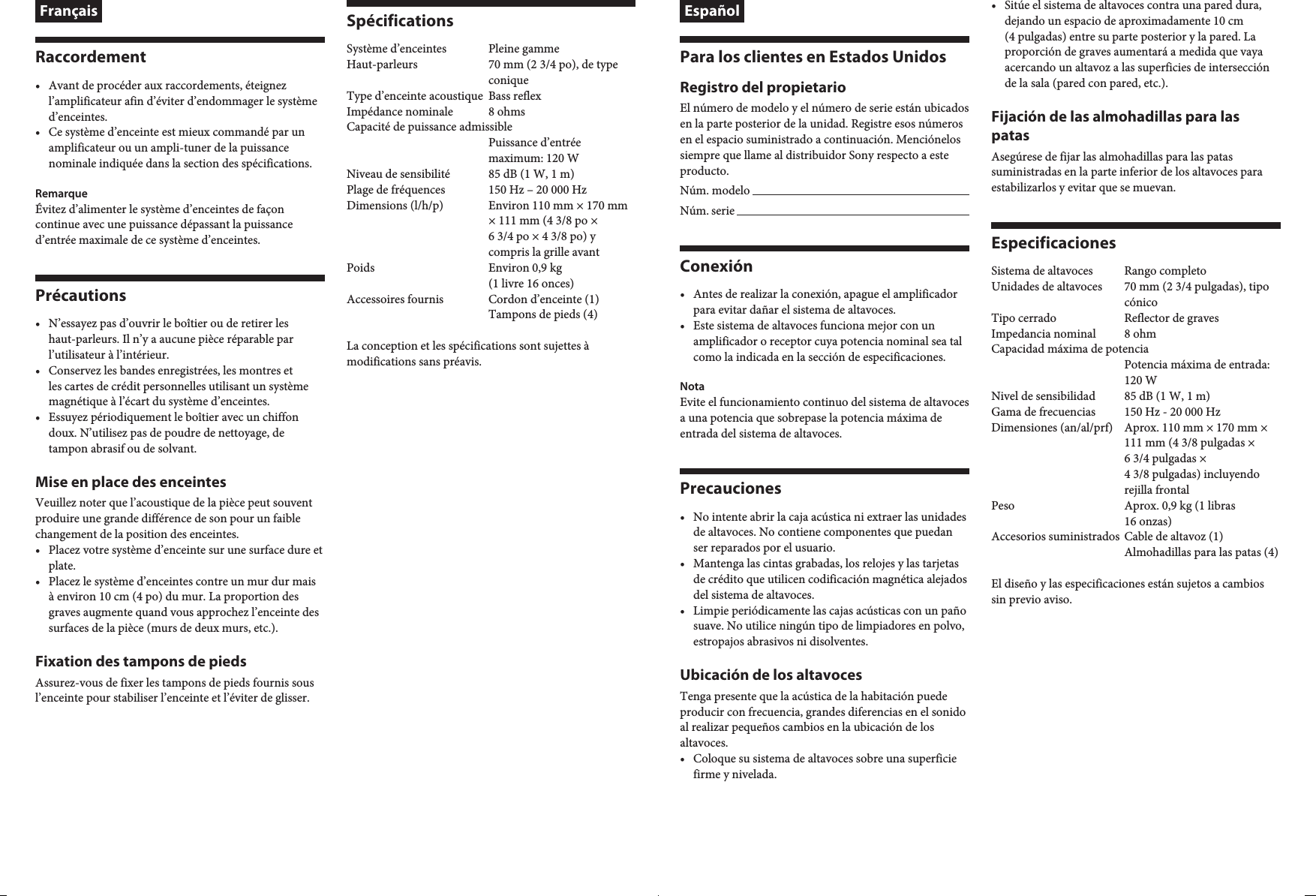Page 2 of 2 - Sony SS-SR3000P SS-SR3000 User Manual Instructions SSSR3000 EN FR ES