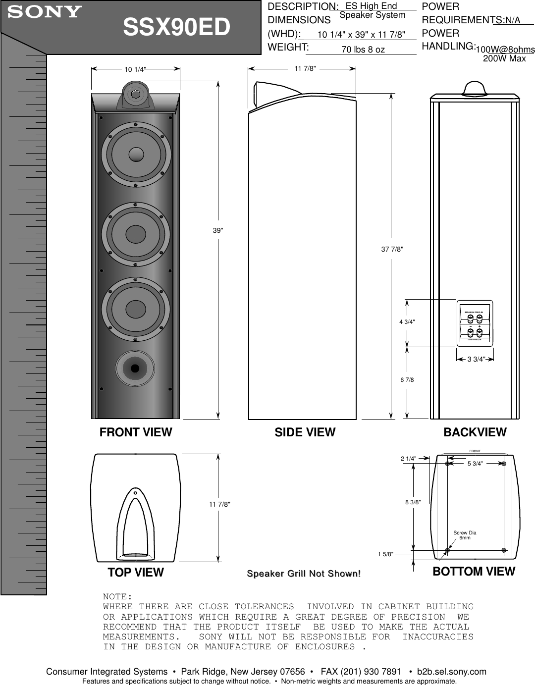 Sony SS X90ED User Manual Dimensions Diagrams SSX90EDdiagram