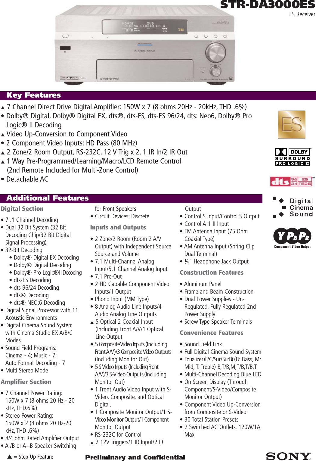 Page 1 of 2 - Sony STR-DA3000ES ESReceivers User Manual Marketing Specifications (STRDA3000ES)