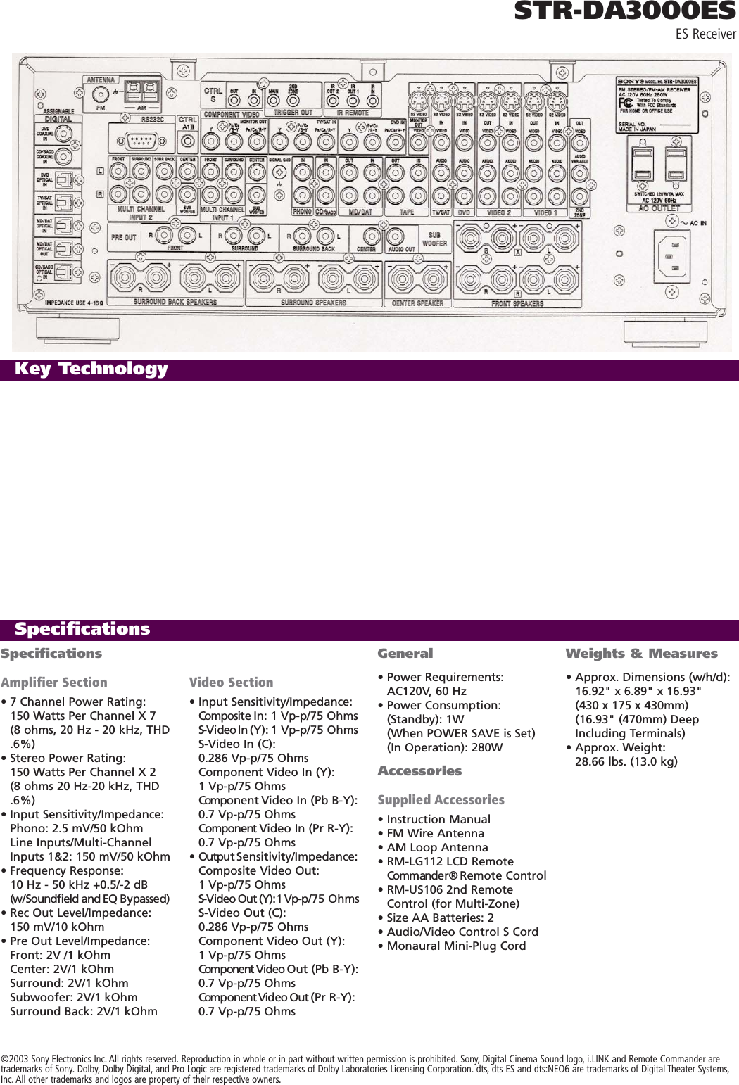 Page 2 of 2 - Sony STR-DA3000ES ESReceivers User Manual Marketing Specifications (STRDA3000ES)