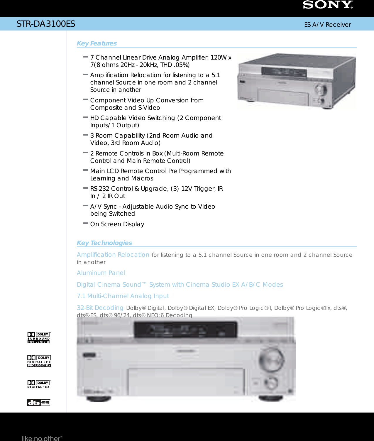 Page 1 of 2 - Sony STR-DA3100ES User Manual Marketing Specifications