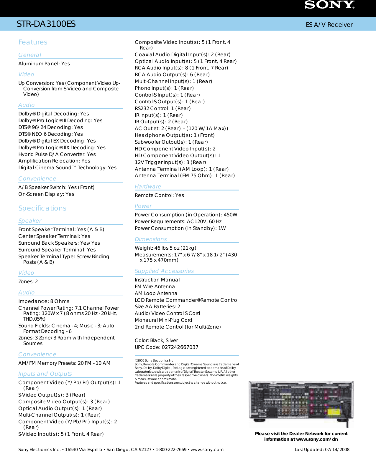 Page 2 of 2 - Sony STR-DA3100ES User Manual Marketing Specifications