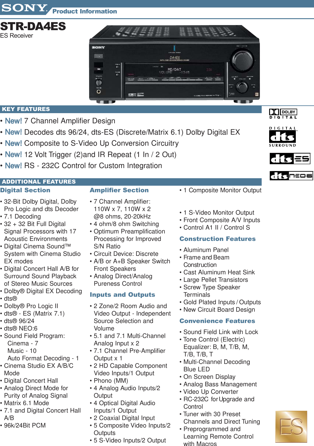 Page 1 of 2 - Sony STR-DA4ES Receivers_Info_Sheets_1 User Manual Marketing Specifications