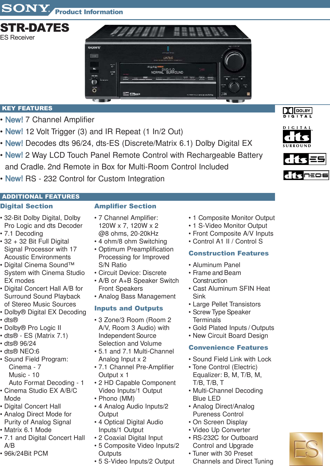 Page 1 of 2 - Sony STR-DA7ES Receivers_Info_Sheets_1 User Manual Marketing Specifications STRDA7ESspec
