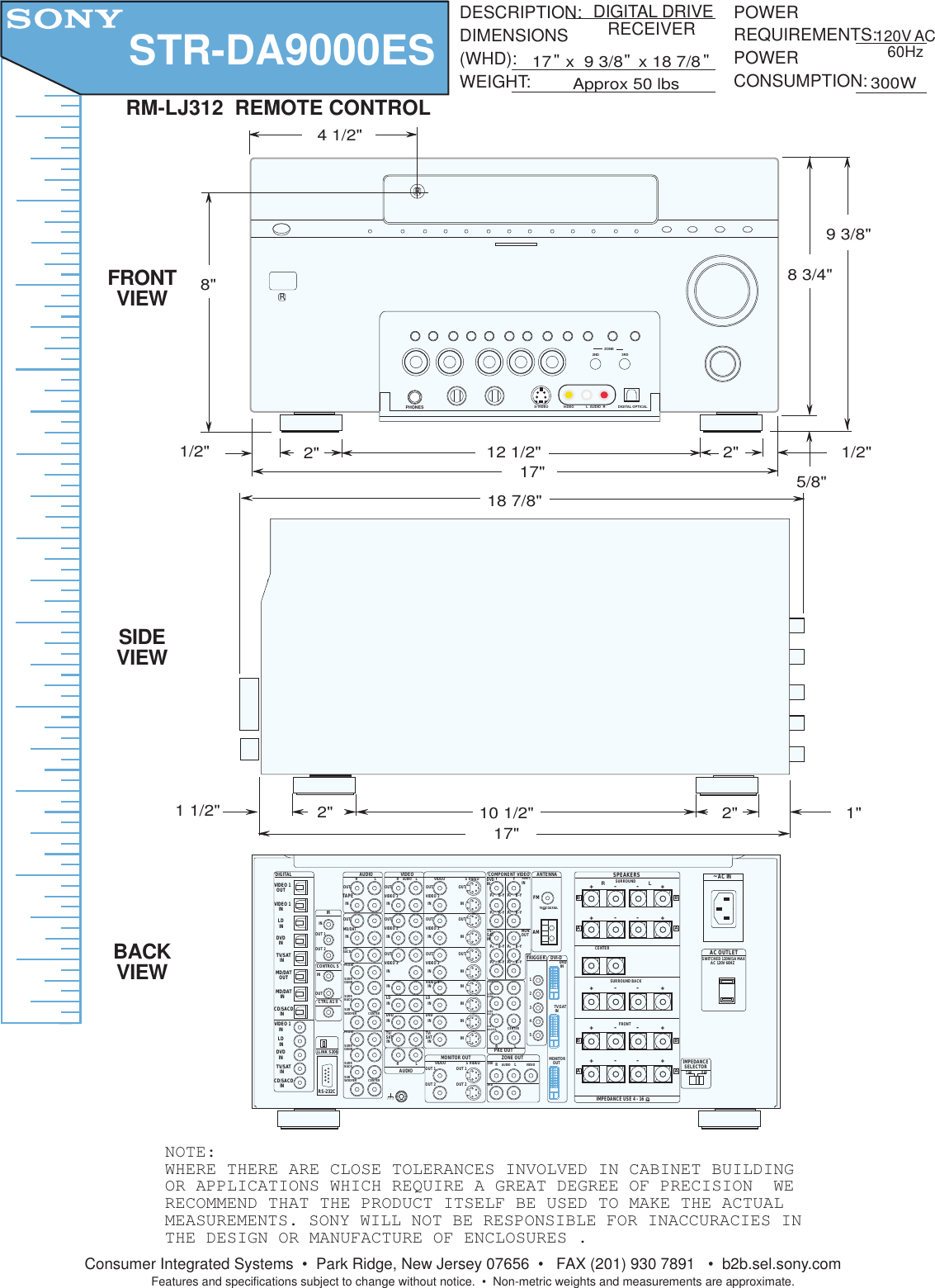Page 1 of 1 - Sony STR-DA9000ES User Manual Dimensions Diagrams STRDA9000ES Cutsheet
