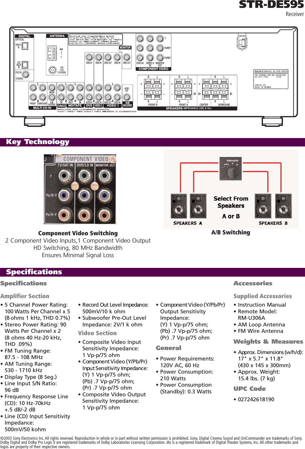Page 2 of 2 - Sony STR-DE595 Receivers User Manual Marketing Specifications STRDE595spec