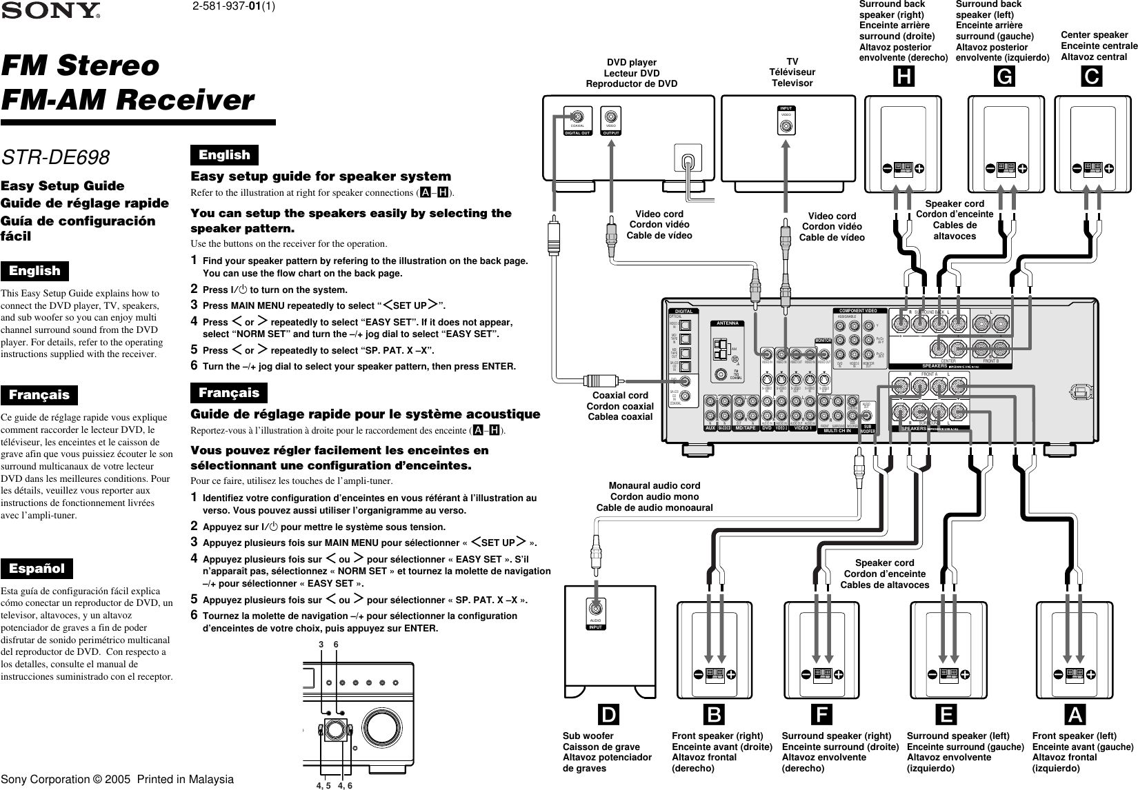 Page 1 of 2 - Sony STR-DE698 User Manual Easy Setup Guide STRDE698setup