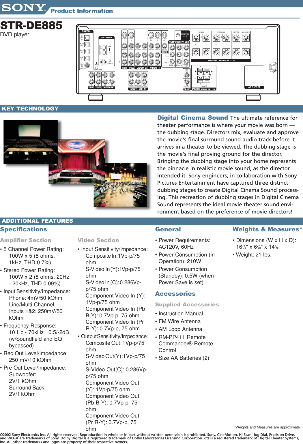 Page 2 of 2 - Sony STR-DE885 Receivers_Info_Sheets_1 User Manual Marketing Specifications STRDE885 Mksp