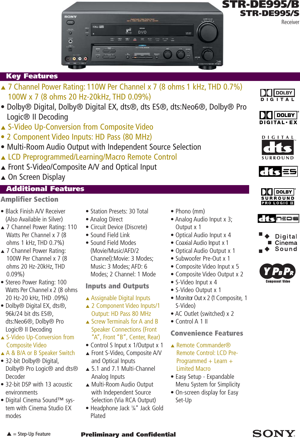 Page 1 of 2 - Sony STR-DE995 Receivers User Manual Marketing Specifications STRDE995spec