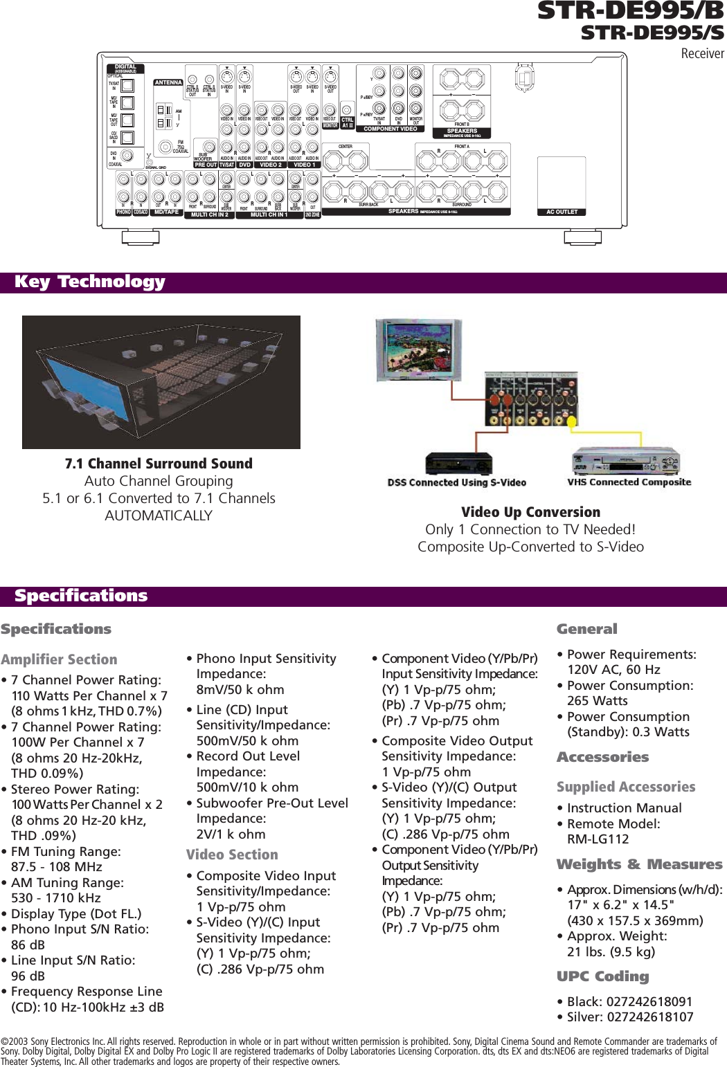 Page 2 of 2 - Sony STR-DE995 Receivers User Manual Marketing Specifications STRDE995spec