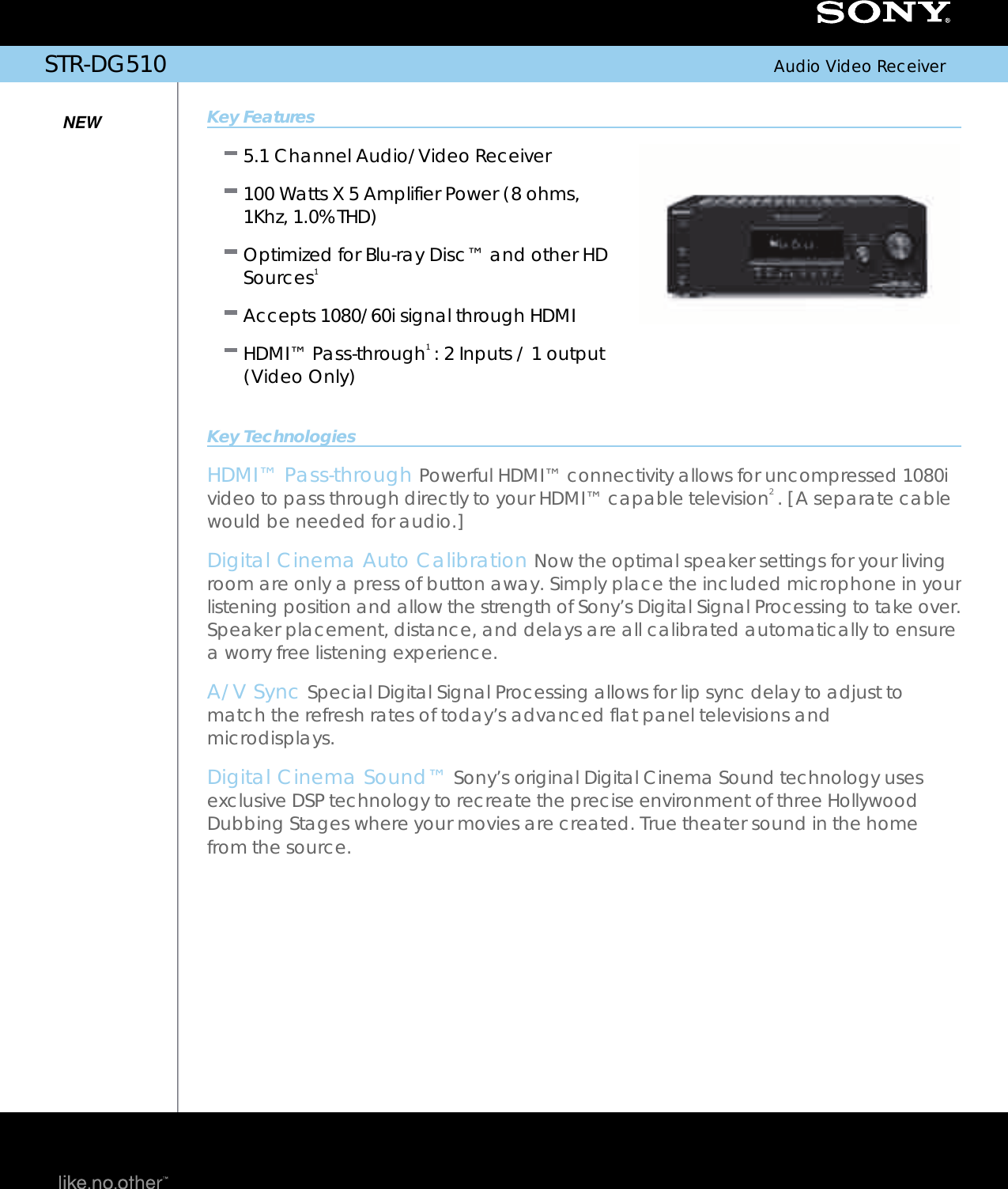 Page 1 of 2 - Sony STR-DG510 User Manual Marketing Specifications STRDG510 Mksp