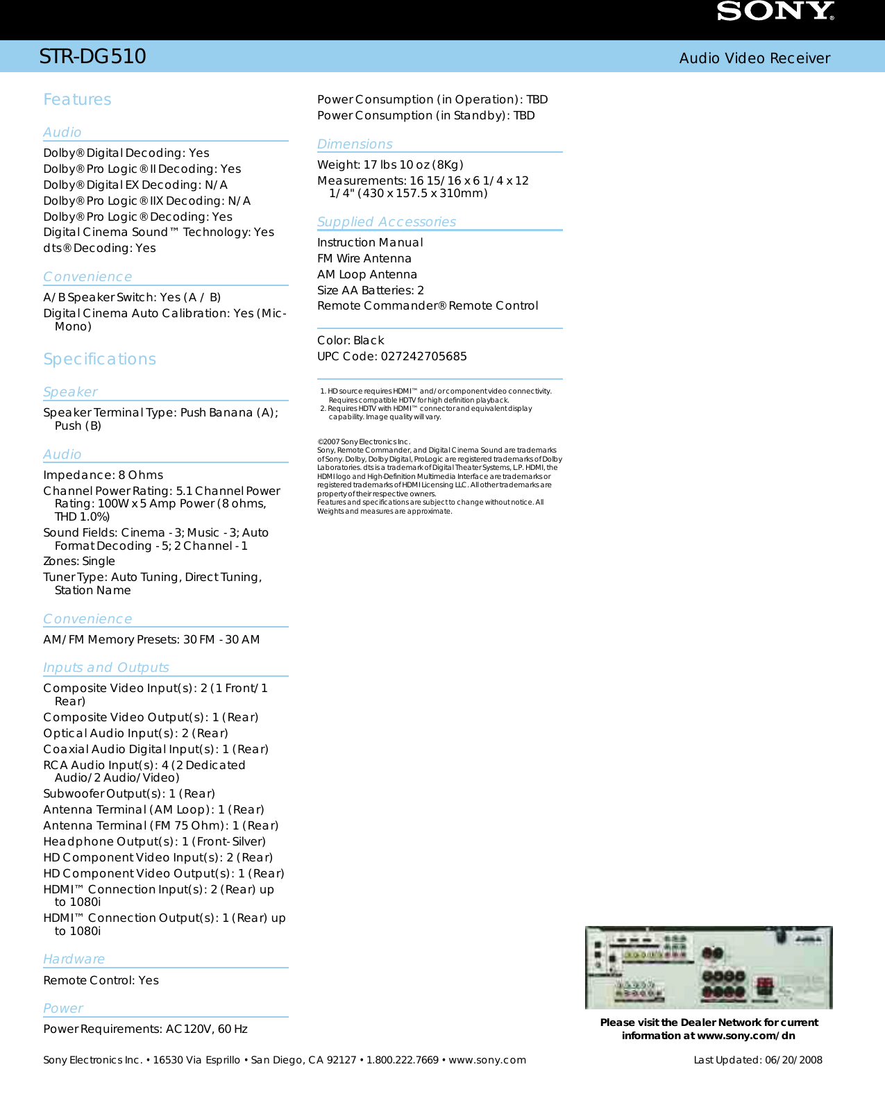Page 2 of 2 - Sony STR-DG510 User Manual Marketing Specifications STRDG510 Mksp