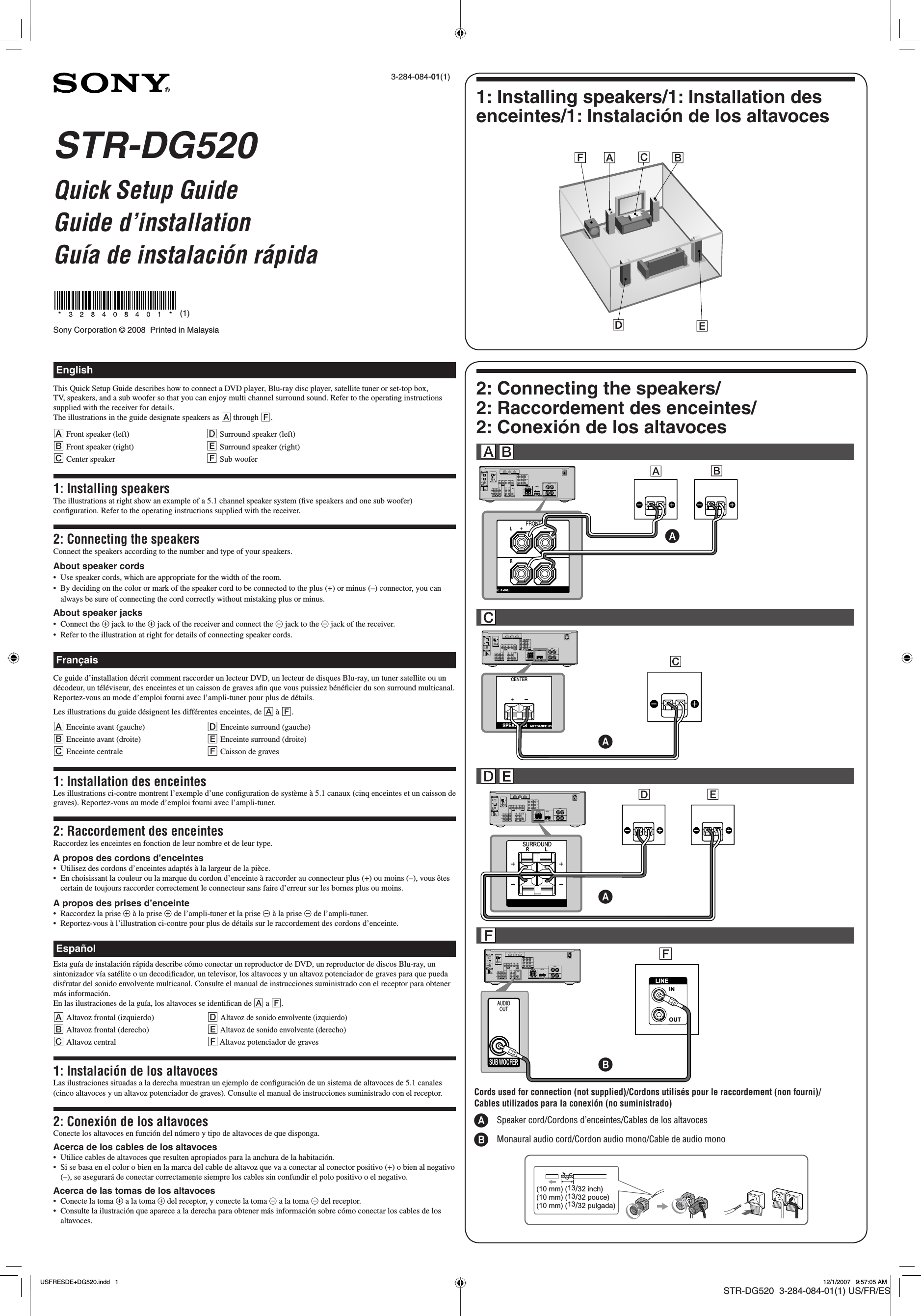 Page 1 of 2 - Sony STR-DG520 User Manual Quick Start Guide STRDG520 Qsg
